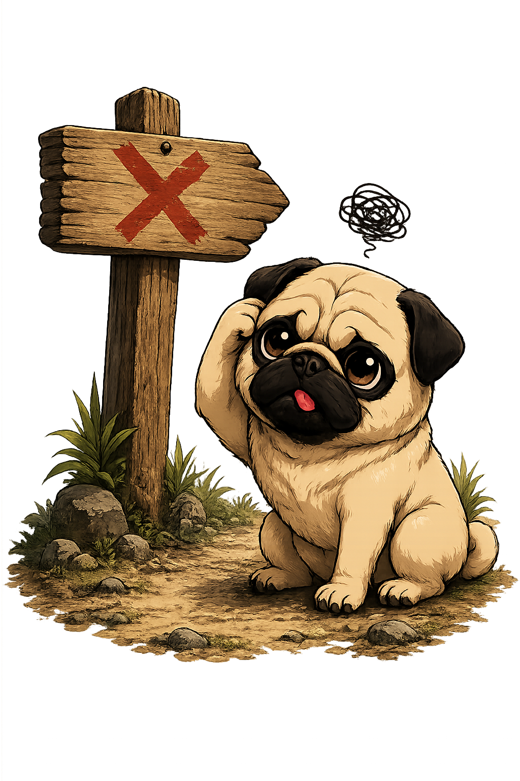 Mupugly lost next to a broken signpost